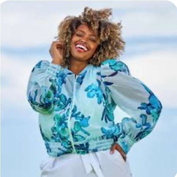 Sz 22W Floral Organza Women's Zip Top, Pleated Cuffs & Hem, Long Blouson Sleeves - Picture 2 of 2